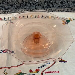 Vintage pink depression glass cake stand .seven sides, 10 x 3 inches.
